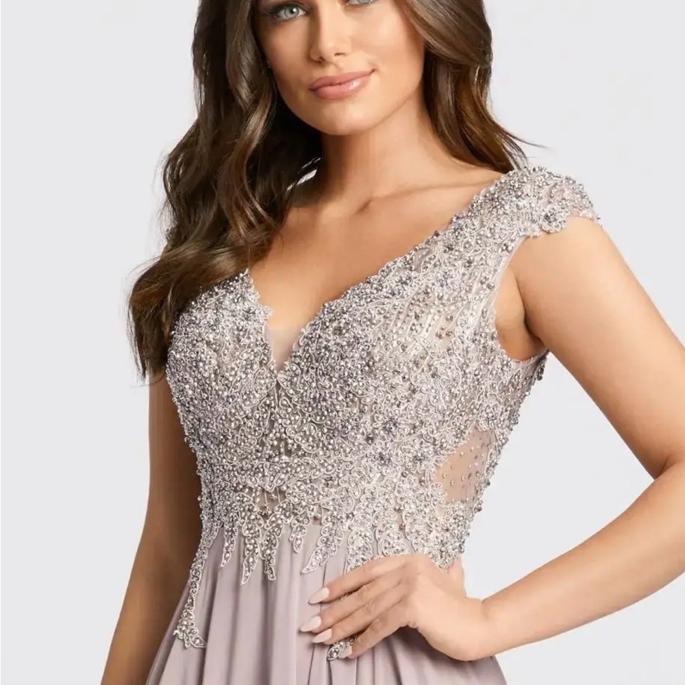 Mac Duggal One-Shoulder Silver Beaded Evening Gown